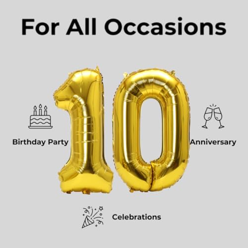 Image of Number 10 Balloon Foil Mylar Balloons for Birthday Party Decoration (Gold, 40 Inch)