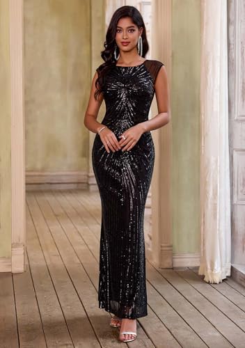 Image of ANGEL FASHIONS Women's Sheer Gold Sequined Black Splicing Evening Dress
