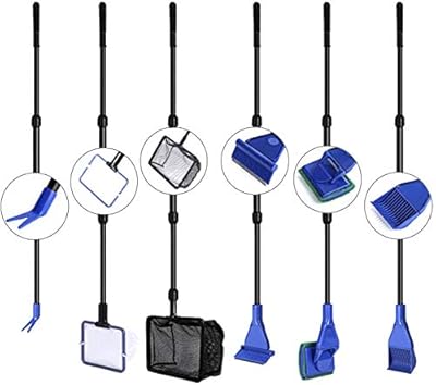 Bedee Fish Tank Cleaning Kit 6 in 1 Aquarium Glass Tank Cleaning kit with Gravel Rake, Algae Scraper, Sponge Brush, Water Plant Fork, Fish Net Tool Set
