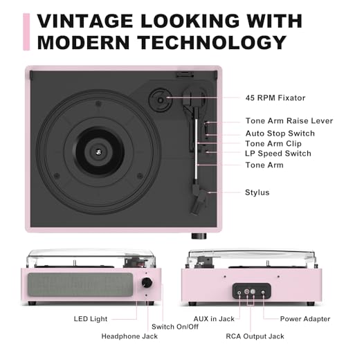 Image of Record Players for Vinyls Turntable with Speakers Belt-Driven Turn Tables LP Phonograph Support 3-Speed Full Size Bluetooth Wireless Playback Headphone AUX RCA Line New Sleek Pale Light Pink