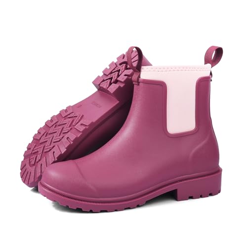 DKSUKO Women's Deck Boots Waterproof Ankle Rain Boots Non-Slip Rubber Fishing Boot Outdoor Work Shoes for Boating Gardening Farming（Rose red，8）