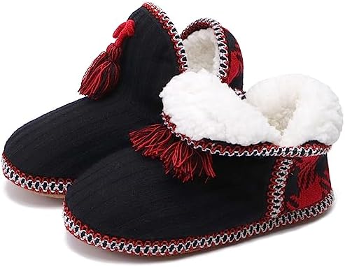 COFACE Lammfell Hausschuhe Damen Hüttenschuhe Winter Warme Plüsch Hausschuhe Mädchen Flauschige Gefüttert Hausstiefel Kuschelige Pantoffeln Hausboots SchwarZrot 35-36