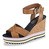 TOMMY HILFIGER Damen Wedges Keilabsatz Kork Riemen bunte Sohle Metallschließe Leder Uni camel