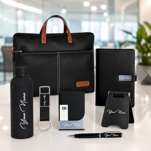 Image of Giftana 7 in 1 Laptop Bag with Personalized Diary & Pen, Keychain, Card Holder, Mobile Stand, Bottle 500ml, Customized Gift for Husband, Employee Welcome Kit, Corporate Gift for Employees (Black)