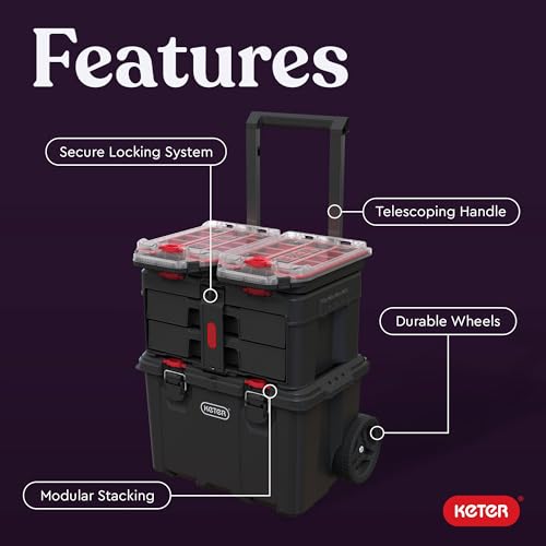 Stack N’ Roll 4-Piece Rolling Tool Storage System – Includes Large Rolling Tool Box, 2-Drawer Tool Box & 2 Tray Organizers | Modular Stackable Tool Storage with Wheels for Garage & Workshop - Image 4