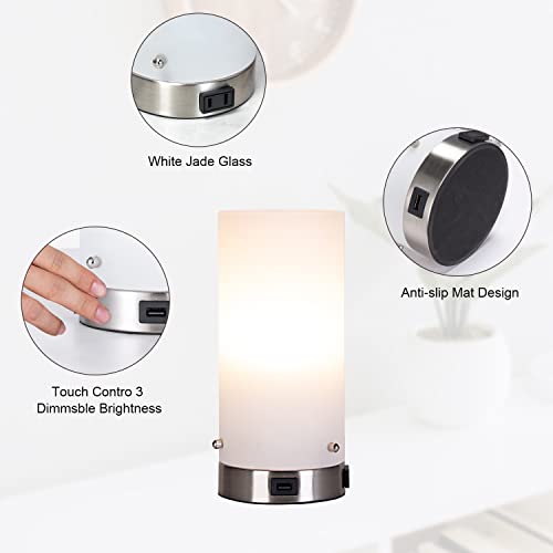 Coosa Touch Table Lamp,3 Way Dimmable Nightstand Lamp With Usb Charging Port And Ac Two-Hole Socket,White Jade Glass Shade For Home,College Dorm, Office,E26 Led Bulb Included #TOP4