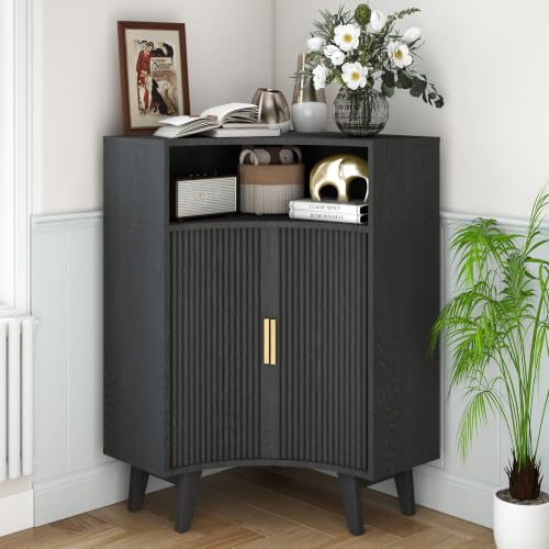 Image of Fluted Corner Cabinet with Open Storage, Modern Floor Cabinets with Sliding Doors and 2-Tier Shelves, Freestanding Narrow Organizer for Small Space,Living Room, Dining Room,Black