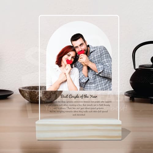 Image of Giftplease Customized Photo And Text Frame With Wooden Stand | Personalised Printed Photo Frame | Gift | Birthday | Anniversary (Transparent, 5MM, 6 * 8 Inches), Tabletop
