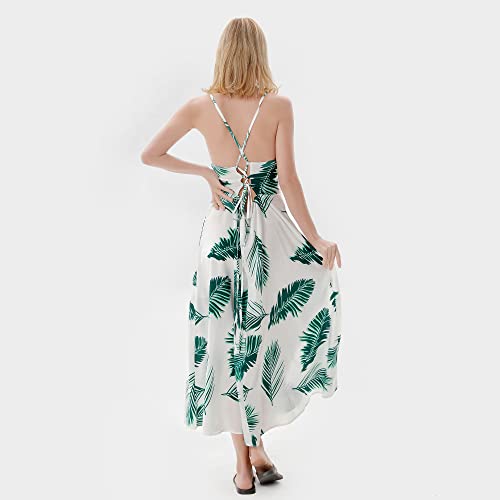 Mommy and Me Dresses Floral Printed Matching Dress Straps V-Neck Green Leaves Print Sleeveless Beach Skirts3