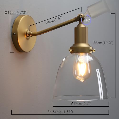 Image of PERMO Industrial Vintage Slope Pole Wall Mount Single Sconce with 6.7 inch Oval Dome Clear Glass Shade Antique Gold Wall Sconce Light Fixture (Pack of 2)