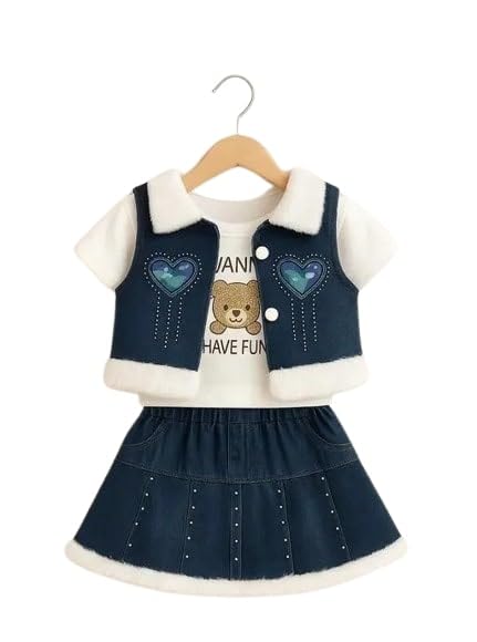 Trendy Denim Skirt Top Set for Girls | Winter Faux Fur Co-ord with Cute Bear Print
