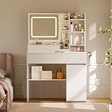 Coleshome Dressing Table with LED Mirror, Vanity Desk with Power Outlet, Makeup Desk with 6 Drawers and Cabinet, Jewelry Organizer, Girls Dressing Table for Bedroom, 90x40x136cm, White
