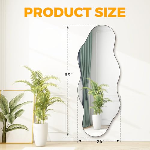 Image of QDSSDECO 63 inch x 24 inch Full Length Mirror Irregular Wavy Mirror, Frameless