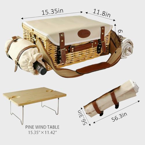 Image of Multifunctional Wicker Picnic Basket Set for 2 Adults with Picnic Table and Blankets,Large Insulated Picnic Set with Wine Pouch and Full Tablewares for Camping Outdoor Couples Natural Beach Wedding