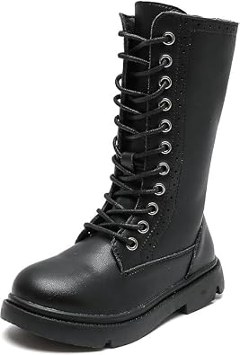 kkdom Boys Girls Waterproof Lace Up Side Zipper Mid Calf Combat Riding Boots