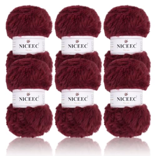 Image of NICEEC 6 Skeins Soft Faux Fur Yarn 210yds /10.6oz- S68#Dark Red | Crochet & Knit, DIY Project Starter Kit,Handbag,Sun Hat,Shoes, Shopper Bag