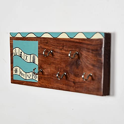 Image of ARTYSTA BEAUTIFYING LIVES 'Warli Motif' Aqua Blue Wooden Key Holder For Wall Stylish Decorative Keychain Holder Key Hanger For Home Decor (5 Hooks)