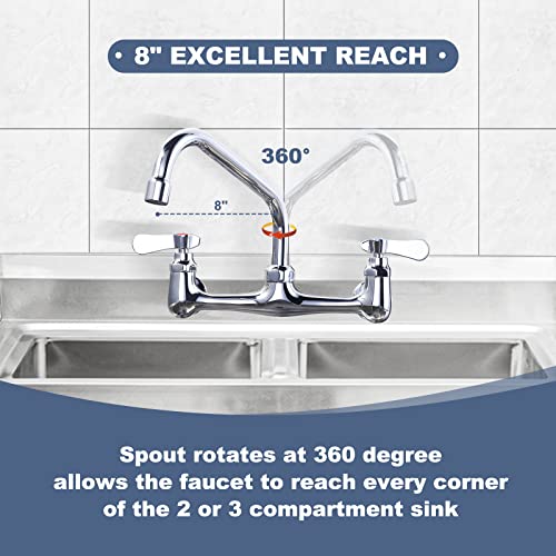 Iviga Commercial Sink Faucet With 8” Swivel Spout, 8" Center Wall Mount Kitchen Faucet, Dual Handles Brass Utility Sink Faucet For Laundry Room Restaurant Compartment Sink, Polish Chrome #TOP3