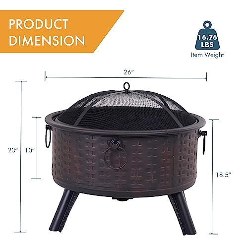 Fire Pit, Portable Firepits for Outside Patio, Outdoor Wood Burning Fire Pits 26\" Small Round Steel Fireplace Clearance for Backyard Garden Bonfire Camping… - Thumbnail 4