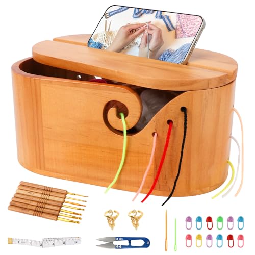 Ziimaikery Large Wood Yarn Bowl with Lid Crochet Yarn Holder with 7pcs Knitting Hooks No-Tangle Design Yarn Storage Crochet Bowl Knitting at Home Caf Park Craft Gatherings Rectangle