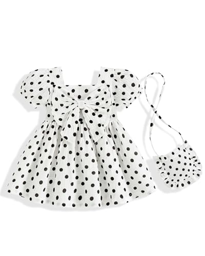Vibebox Baby Girl Dresses 12-18 Months Puffed Sleeve Cotton Two Piece Clothes Birthday Gifts Toddler Girls 18 Months Black Polka Dots Summer Beach Garden Party Wedding Bows Dress with Cute Bag