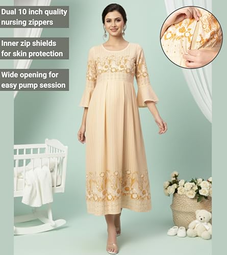 Image of DUMMY SHAPE Feeding Nighty | Maternity Dresses for Women Cotton Blend | Floral Pink Anarkali Kurta with Dual Nursing Zippers for Pregnancy & Breastfeeding | Gifts for Pregnant Women (
