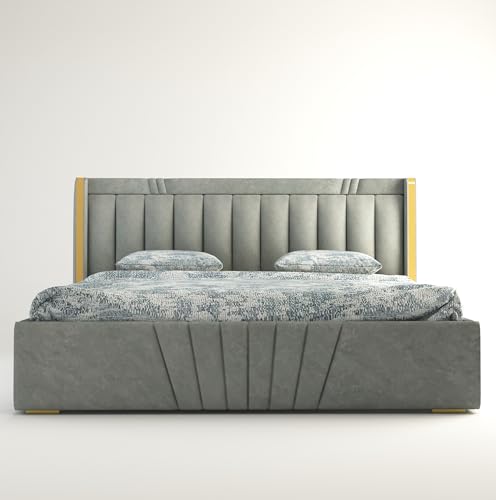 Image of MAMTA DECORATION Upholstered Queen Size Bed with Box Storage for Bedroom Furniture Solid Wood Fabric Bed Wooden Double Bed Cot Palang for Home Living Room and Hotels (Grey)