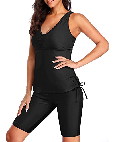 Yonique Women Two Piece Tankini Swimsuits With Shorts Athletic Bathing Suit With Swim Capris Racerback Swimwear Black M #TOP3