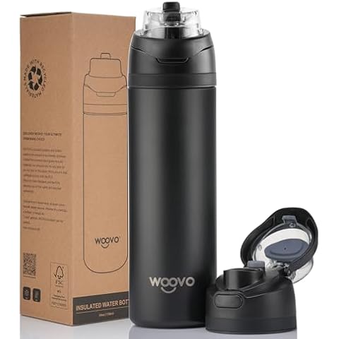WOOVO 24 oz Insulated Water Bottle with Straw - Leakproof Lid and Carrying Loop Sports Water Bottle - Dishwasher Safe and BPA-Free Water Bottle Stainless Steel for Men - Black Cover