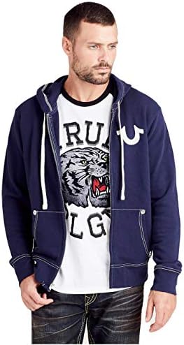 True Religion Men's Classic Logo Long Sleeve Zip Up Hoodie, True Navy, X-Large