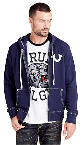 True Religion Men's Classic Logo Long Sleeve Zip Up Hoodie Hooded Sweatshirt, True Navy, Medium