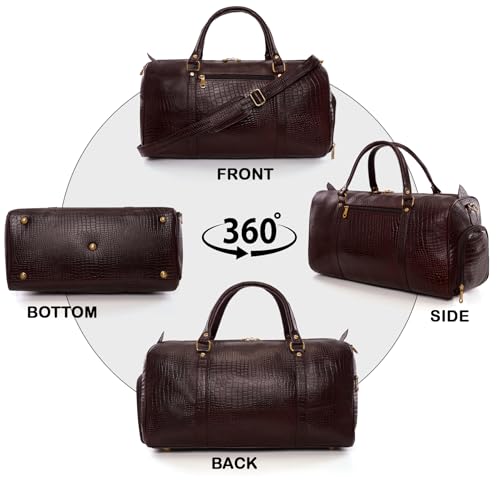 Image of HYATT Leather Accessories Weekender Travel Duffle Bag with Separate Shoe /Laundry Compartment for Men & Women Made of Natural Dry-Milled Leather (C-Brown)