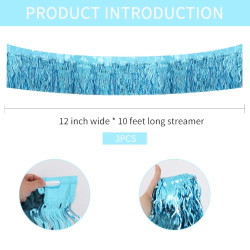Image of BEISHIDA 3 Pack Light Blue Wavy Foil Fringe Garland 30ft Tinsel Wall Decor