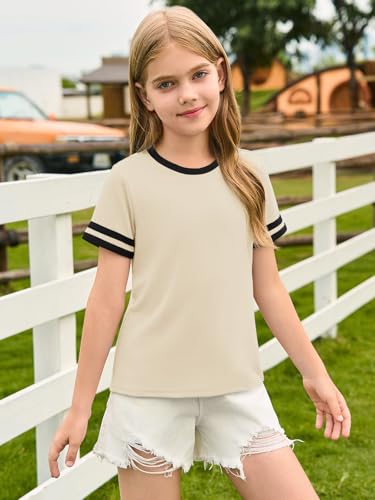 Image of Haloumoning Girls Short Sleeve T Shirts Kids Summer Crewneck Color Block Tops Fashion Tees 5-14 Years