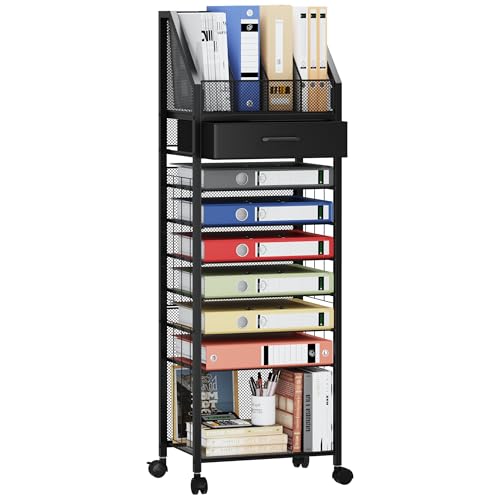 SWTYMIKI 9-Tier Rolling File Cart - Paper Organizer with Drawer and Trays, Wood Desk Office Organizer, Office Organization and Binder Storage for Workspace, Home, School, Black