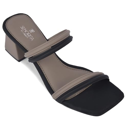 Image of Liberty Senorita STY-162E Heels for Women - Beige Block Heel Slip-On Sandals | Soft Cushioned Footbed, Lightweight Fashion Footwear for Festive, Party, Wedding, Ethnic, College