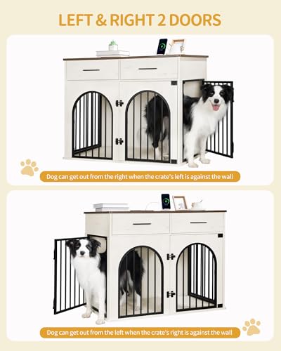 Hzuaneri Dog Crate Furniture with 2 Drawers, Large Wooden Dog Crate with Charging Station, Indoor Kennel End Side Table for Small Medium Large Dogs, Anti-Chew Anti-Escape, White Brown DFC87214B - Image 8