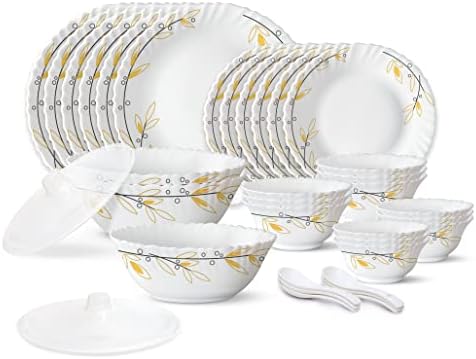 Borosil Gourmet Dinnerware Set For 6, 35 Pieces, White Dinner Plates and Bowls Sets, Chip Resistant Tempered Opal Glass, Stain Resistant, Dishwasher & Microwave Safe Dinner Set For Gifting, Serves 6
