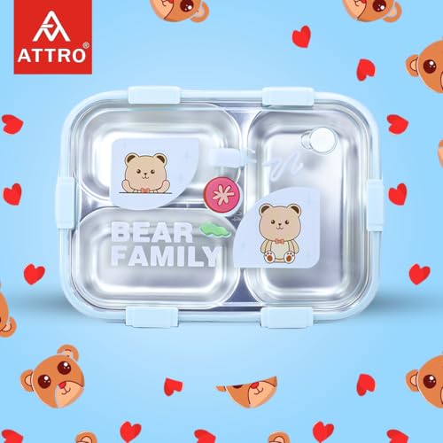Image of Attro Bento 3 Deluxe Lunch Box with Inner Stainless Steel & Secure Lock Cute Eye Catchy Design Food Grade, Leakproof, Vacuum Seal Design Use for School Kids & Outdoor- 750ml Blue
