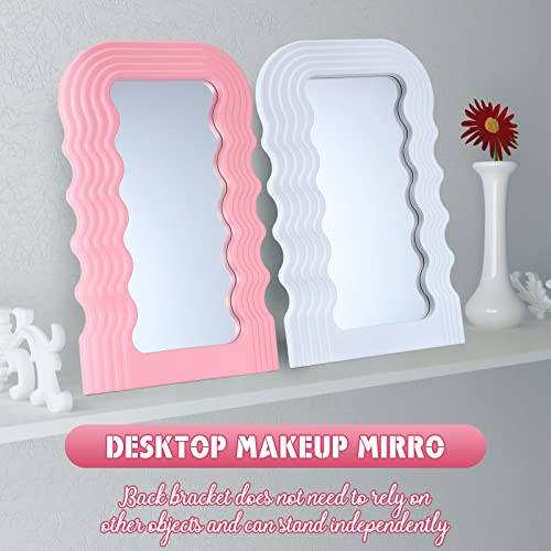 Maitys 2 Pcs Wave Pattern Irregular Makeup Mirror Tabletop Vanity Mirror Aesthetic Hanging Wall Mirror Preppy Photo Props Cosmetic Mirror For Table Desk Bedroom Room Bathroom Home, Pink/White #TOP3
