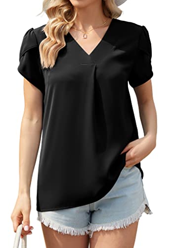 Tasamo Women's Casual Basic Cap Sleeve Tops Business Loose Chiffon Work Blouse (Medium, Black) #TOP7