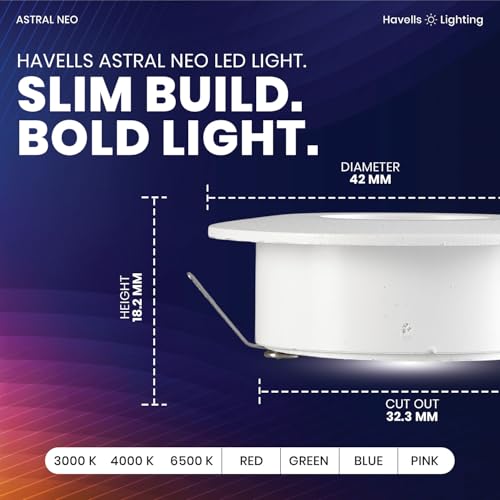 Image of Havells Astral Neo 2W LED Spotlight| Compact Round Design for Small Spaces. Provides A Focused 45 Beam Angle with 6500K Cool Light| Flush Mount Ceiling Downlight| 25,000 Hr Lifespan