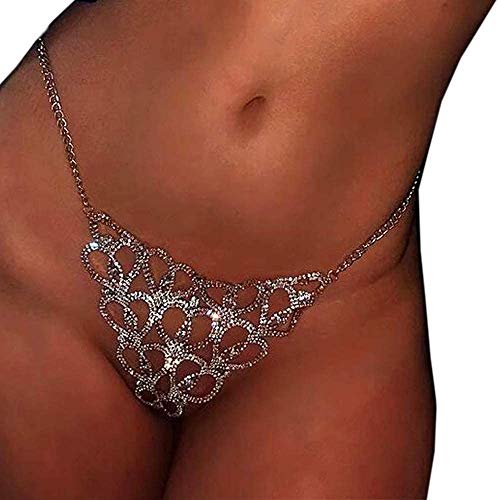 Women Sexy Rhinstone Underwear Thong Panties Tassel Leaf Pendant Crystal Body Chain Jewelry Bikini Crystal Belly Waist Chain (Silver) #TOP1