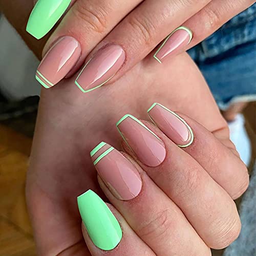 24 Pcs Coffin Press on Nails Short, Sunjasmine Fake Nails Glue on Nails, False Nails with Glue, Acrylic Nails for Women and Girls (Set 8)