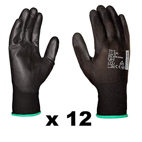Guantes de trabajo (12 pares) - Guantes antideslizantes sin costura - Cómodo de usar, ideal para reparaciones, industria automotriz, acabado, servicio de coche, taller (11, Negro)
