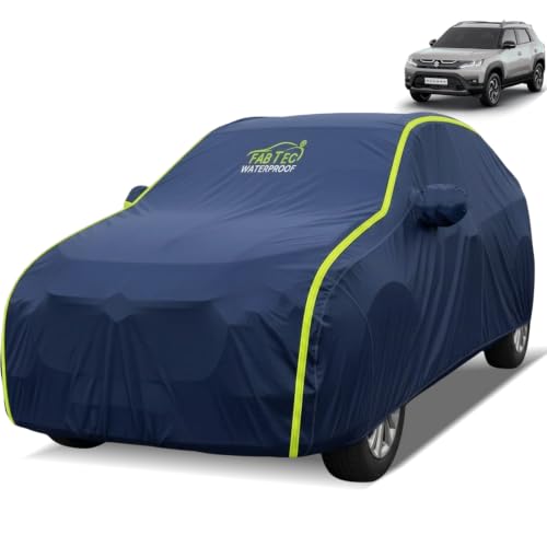 Image of FABTEC Waterproof Car Body Cover for Maruti Brezza Outdoor /Indoor All Weather Protection with Mirror Pocket Triple Stitched (Premium Navy Blue with Neon Piping)