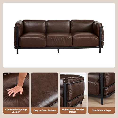 Image of 3 Piece Living Room Sofa set, Mid-Century Modern Upholstered Couch Chair Faux Leather Sofa Couch with Iron Frame and Upholstered Armrest Backrest Cushion for Living Room, Office, Apartment (Brown)