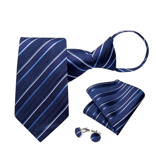 Image of DiBanGu Silk Zipper Ties for Men,Paisley Solid Plaid Pre-tied Tie and Pocket Square Cufflinks Set Formal Adjustable Necktie