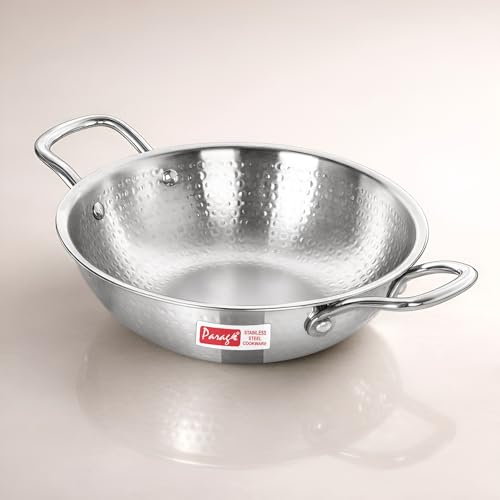 Image of Parage 1 Piece Triply Hammered Stainless Steel Kadhai 24 cm | ISI Certified | Tripure | 2.6 LTR Deep Kadhai for Induction & Gas Stove | Even Heat Distribution, Non-Reactive, Heavy Bottom Cookware