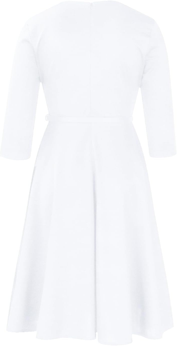 Elainone Women 3/4 Sleeve Casual Swing Flared A Line Dress Wedding Guest Semi Formal Office Work Dresses with Belt - Image 6